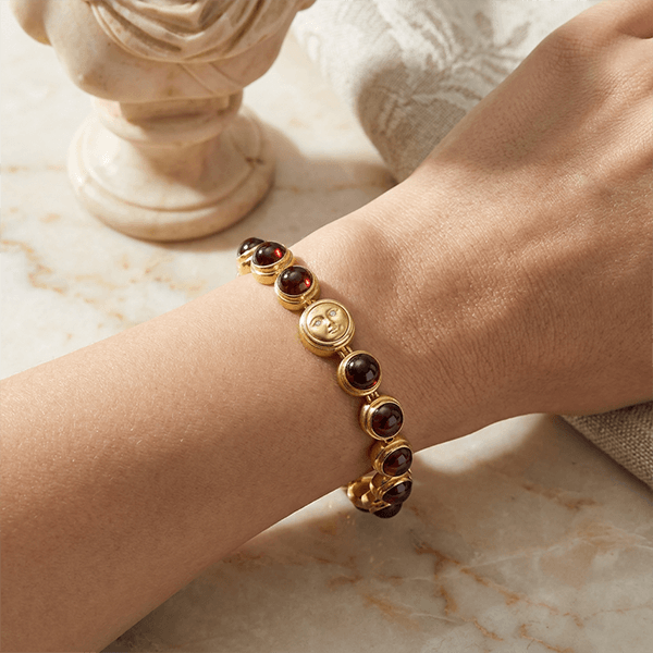 Golden Round Cabochon Cut Garnet Sapphire Moon Chain Tennis Bracelet For Women