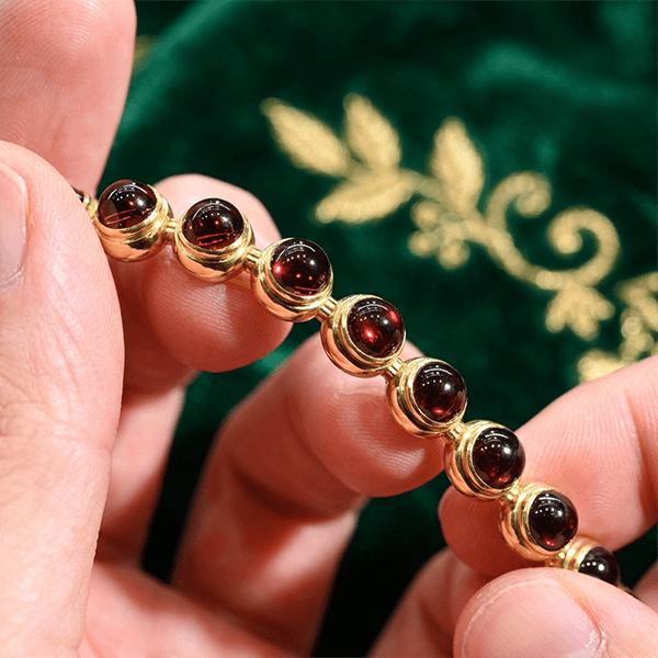 Golden Round Cabochon Cut Garnet Sapphire Moon Chain Tennis Bracelet For Women