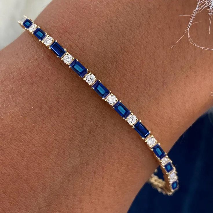 Golden Alternating Blue & White Sapphire Round & Baguette Cut Tennis Bracelet For Women Belovegrace
