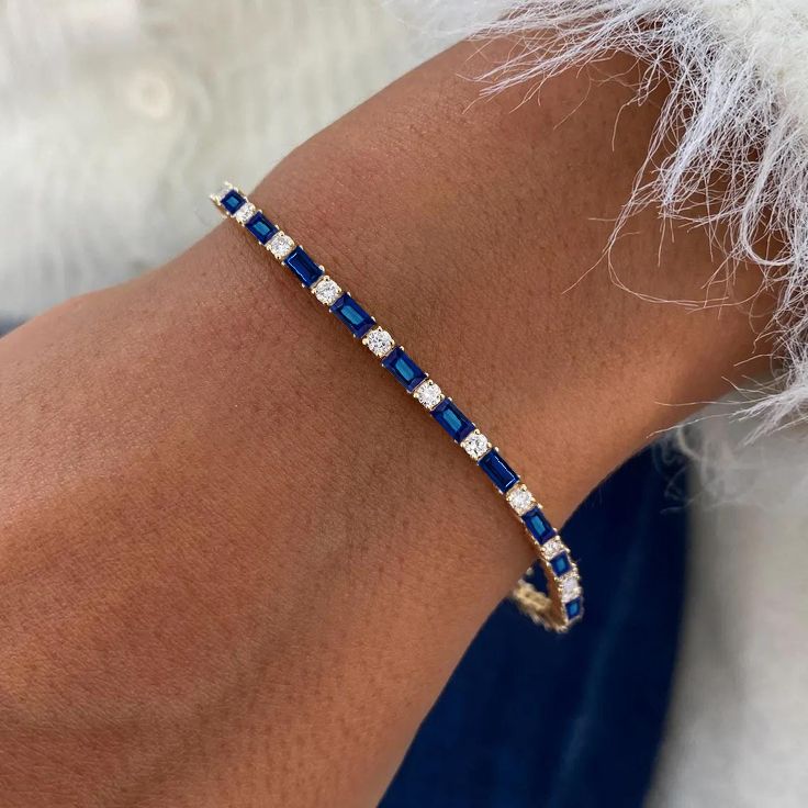 Golden Alternating Blue & White Sapphire Round & Baguette Cut Tennis Bracelet For Women Belovegrace