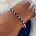 Golden Alternating Blue & White Sapphire Round & Baguette Cut Tennis Bracelet For Women Belovegrace