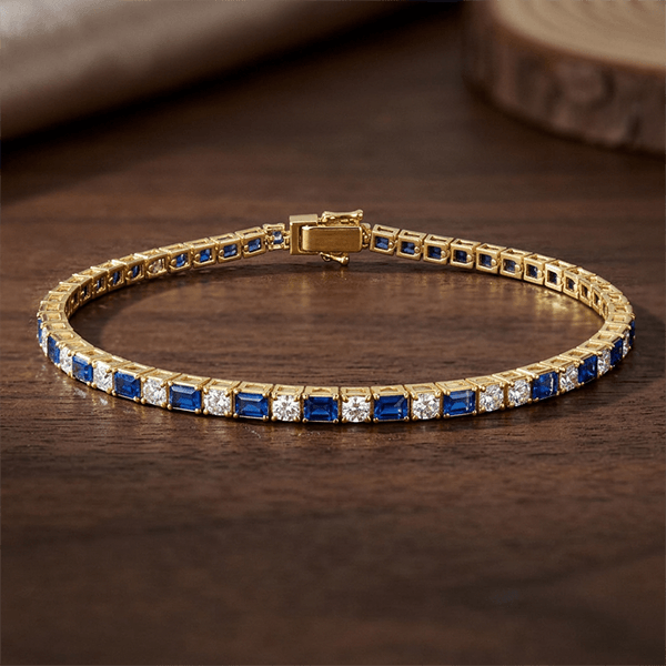 Classic Golden Blue Sapphire Emerald & Round Cut Yellow Tennis Bracelet for Women