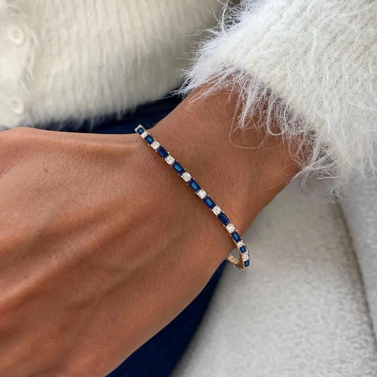 Golden Alternating Blue & White Sapphire Round & Baguette Cut Tennis Bracelet For Women Belovegrace