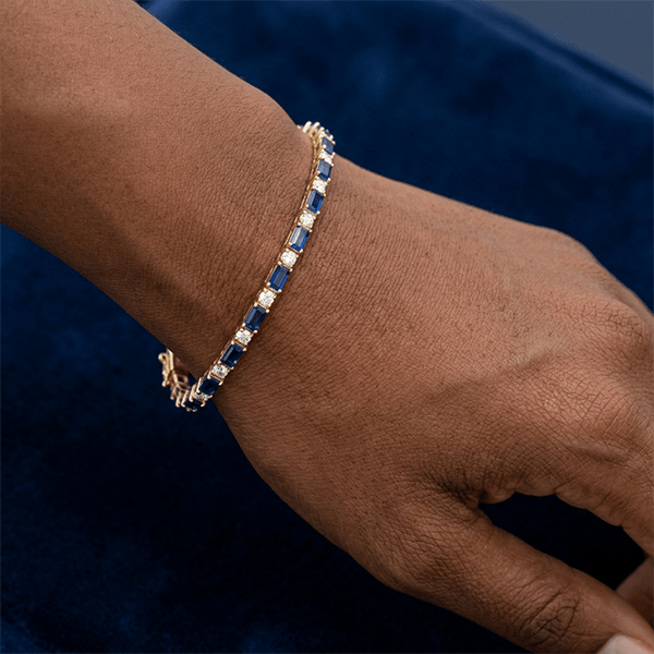 Classic Golden Blue Sapphire Emerald & Round Cut Yellow Tennis Bracelet for Women