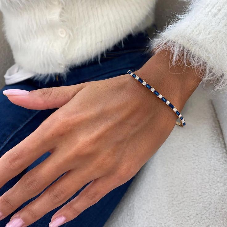Golden Alternating Blue & White Sapphire Round & Baguette Cut Tennis Bracelet For Women Belovegrace