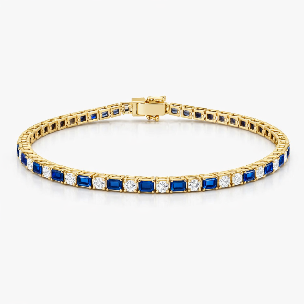 Classic Golden Blue Sapphire Emerald & Round Cut Yellow Tennis Bracelet for Women