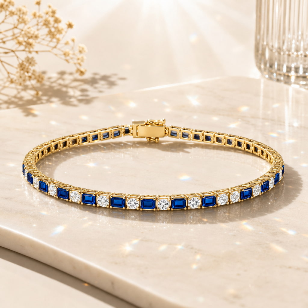 Classic Golden Blue Sapphire Emerald & Round Cut Yellow Tennis Bracelet for Women
