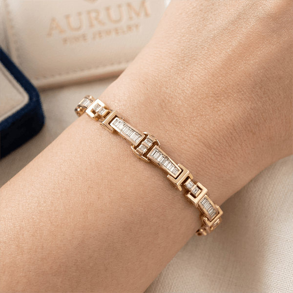 Geometric Link Baguette Cut Yellow Gold Tennis Bracelet For Women
