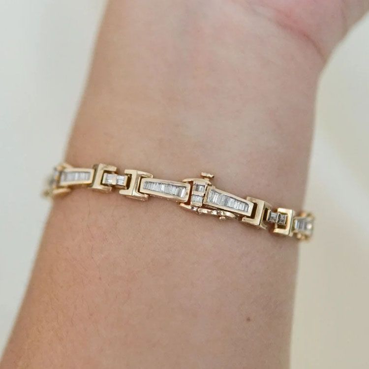 Golden Baguette Cut White Sapphire Tennis Bracelet For Women Belovegrace