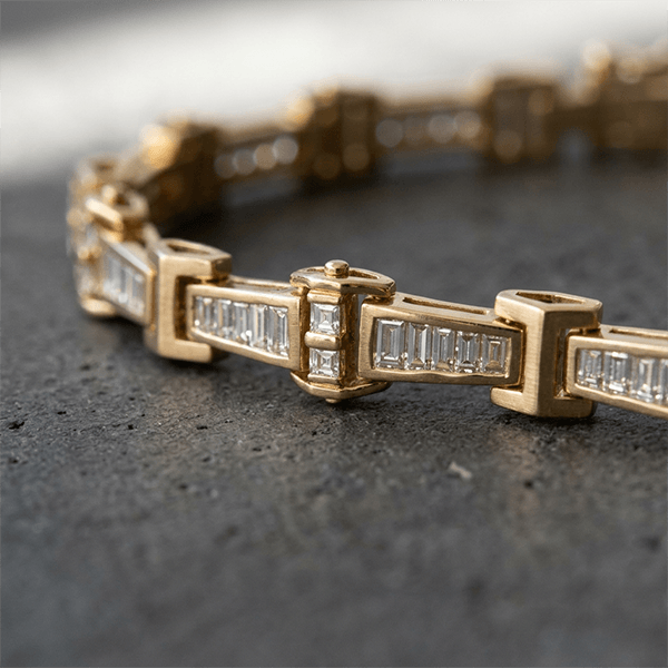 Geometric Link Baguette Cut Yellow Gold Tennis Bracelet For Women
