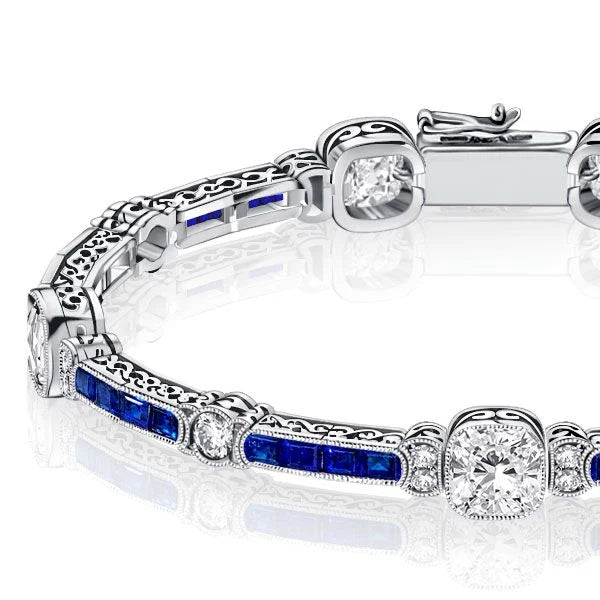 Art Deco Milgrain Cushion Cut White & Blue Sapphire Tennis Bracelet For Women Belovegrace