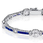 Art Deco Milgrain Cushion Cut White & Blue Sapphire Tennis Bracelet For Women Belovegrace