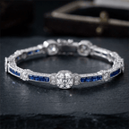 Art Deco Milgrain Cushion Cut White & Blue Sapphire Tennis Bracelet For Women