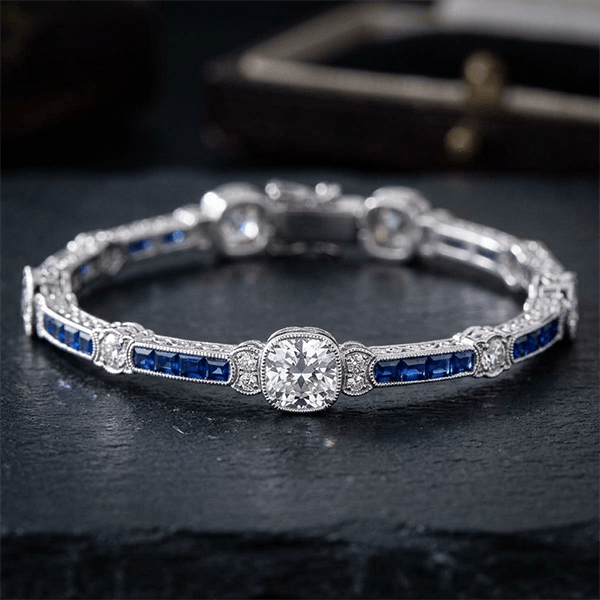 Art Deco Milgrain Cushion Cut White & Blue Sapphire Tennis Bracelet For Women
