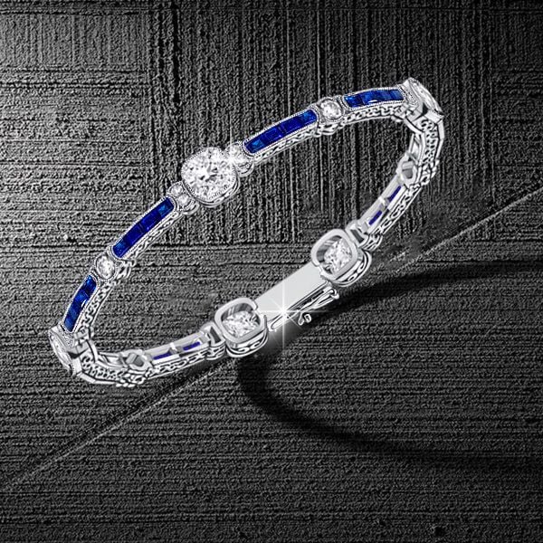 Art Deco Milgrain Cushion Cut White & Blue Sapphire Tennis Bracelet For Women Belovegrace