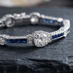 Art Deco Milgrain Cushion Cut White & Blue Sapphire Tennis Bracelet For Women