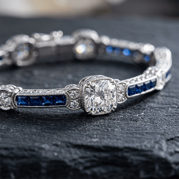 Art Deco Milgrain Cushion Cut White & Blue Sapphire Tennis Bracelet For Women