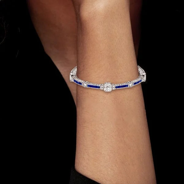 Art Deco Milgrain Cushion Cut White & Blue Sapphire Tennis Bracelet For Women Belovegrace