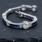 Art Deco Milgrain Cushion Cut White & Blue Sapphire Tennis Bracelet For Women
