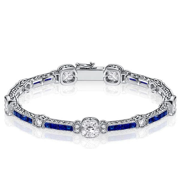 Art Deco Milgrain Cushion Cut White & Blue Sapphire Tennis Bracelet For Women Belovegrace