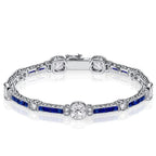 Art Deco Milgrain Cushion Cut White & Blue Sapphire Tennis Bracelet For Women Belovegrace