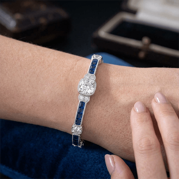 Art Deco Milgrain Cushion Cut White & Blue Sapphire Tennis Bracelet For Women