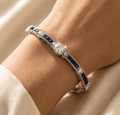 Art Deco Milgrain Cushion Cut White & Blue Sapphire Tennis Bracelet For Women
