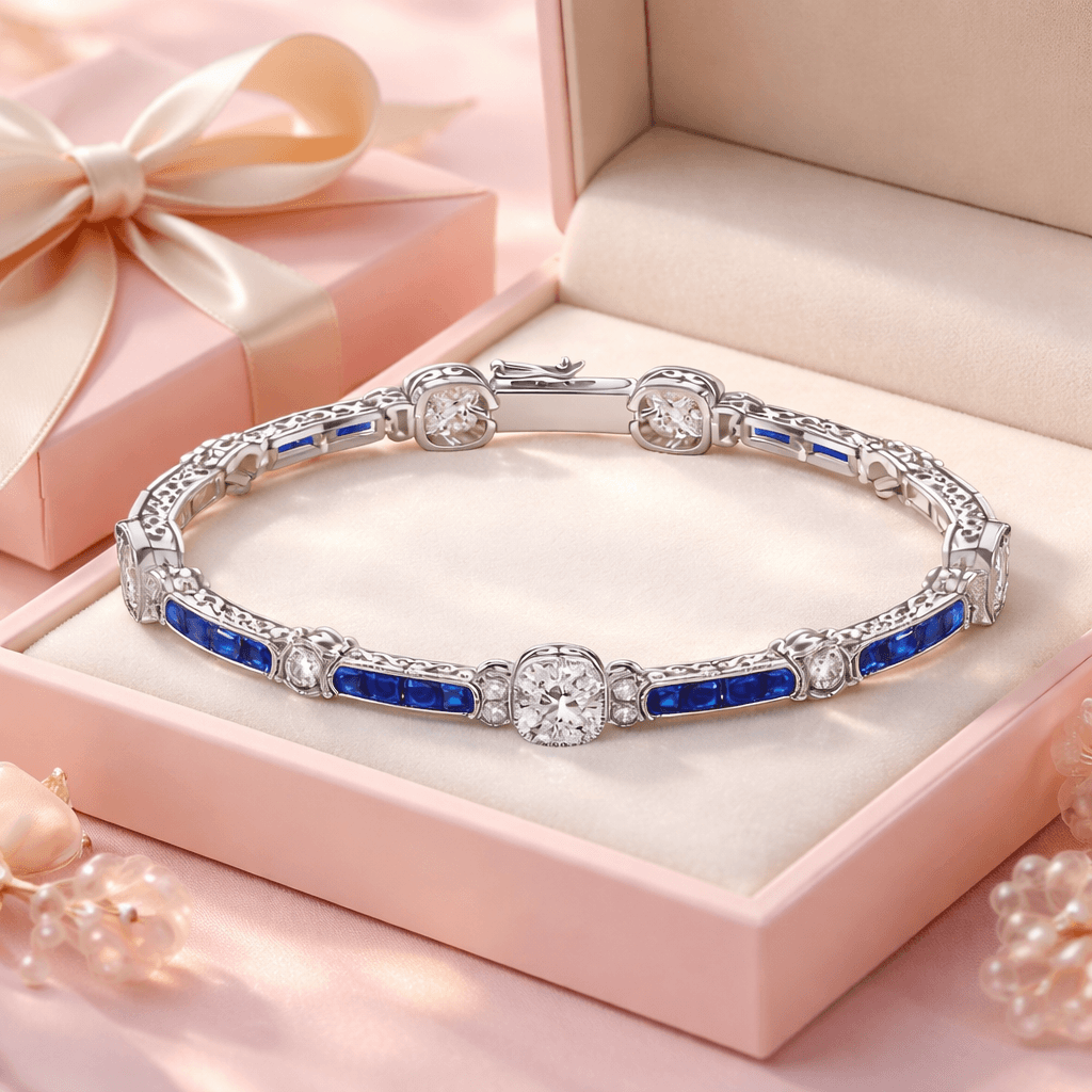 Art Deco Milgrain Cushion Cut White & Blue Sapphire Tennis Bracelet For Women