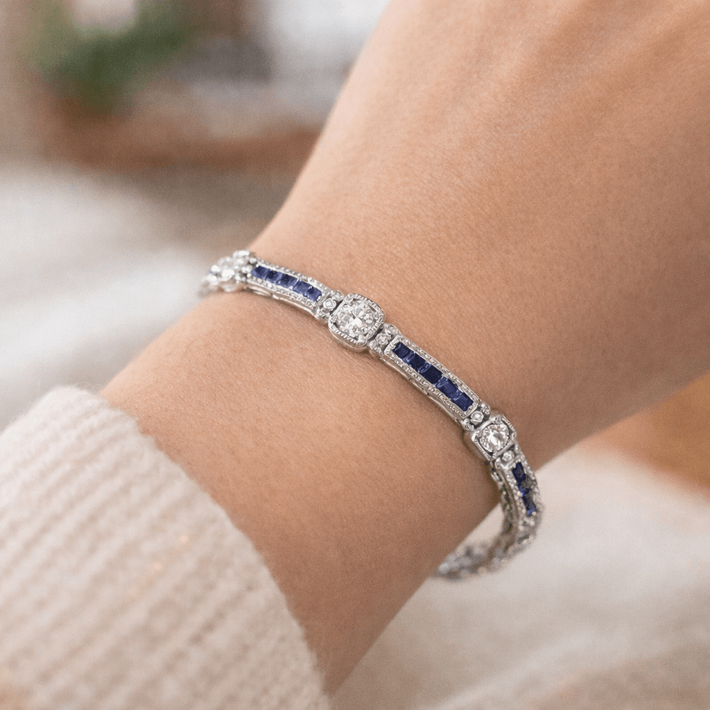 Art Deco Milgrain Cushion Cut White & Blue Sapphire Tennis Bracelet For Women
