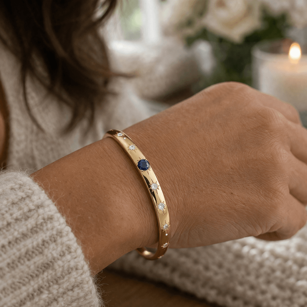 Star Setting Blue Sapphire Yellow Gold Bangle Bracelet For Women