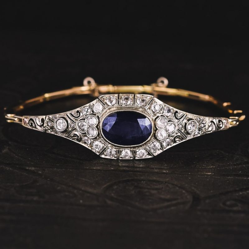 Vintage Two Tone Milgrain Oval Cut Blue Sapphire Bracelet For Women Belovegrace