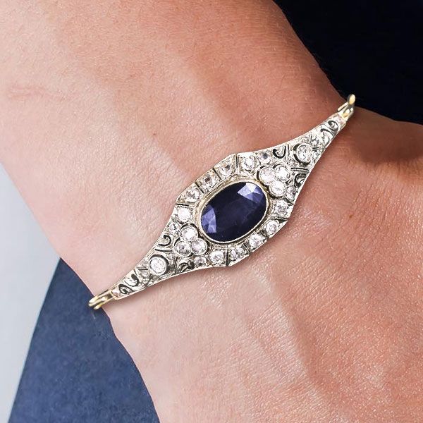 Vintage Two Tone Milgrain Oval Cut Blue Sapphire Bracelet For Women Belovegrace