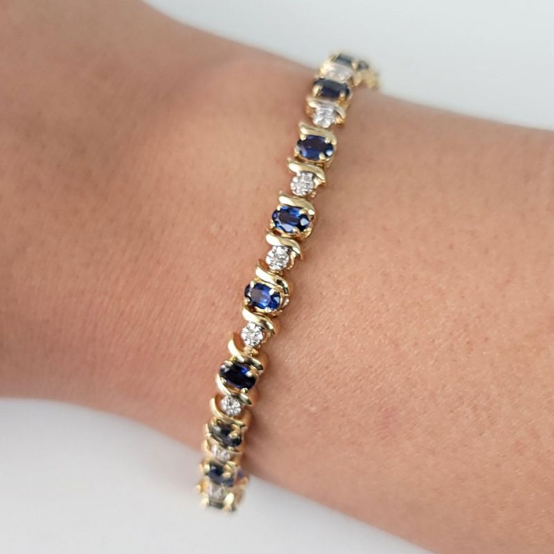 Golden Oval Cut Blue Sapphire Tennis Bracelet For Women Belovegrace