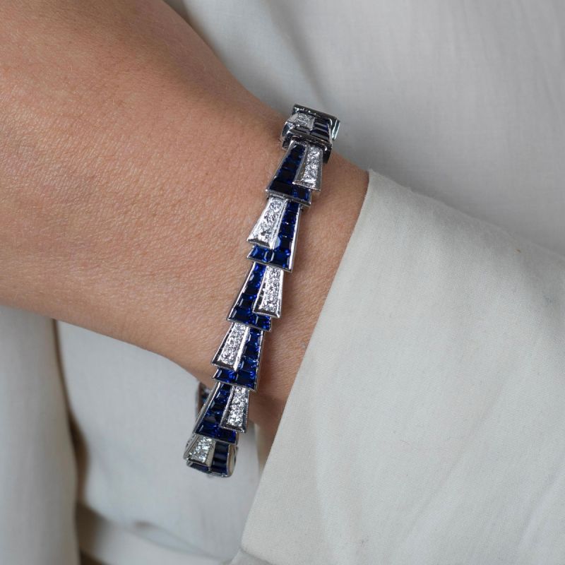 Art Deco Round & Emerald Cut Blue Sapphire Bracelet For Women Belovegrace