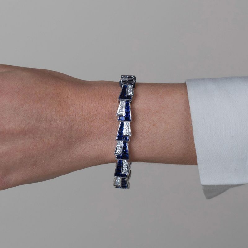 Art Deco Round & Emerald Cut Blue Sapphire Bracelet For Women Belovegrace