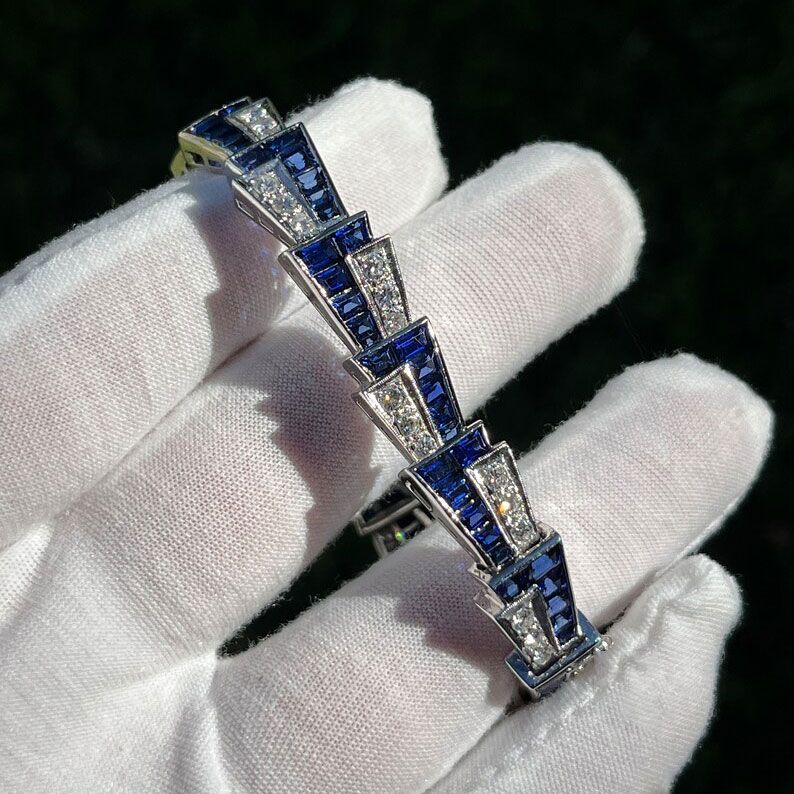 Art Deco Round & Emerald Cut Blue Sapphire Bracelet For Women Belovegrace
