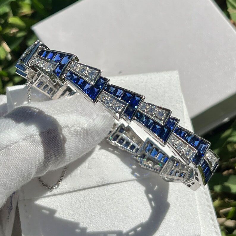 Art Deco Round & Emerald Cut Blue Sapphire Bracelet For Women Belovegrace
