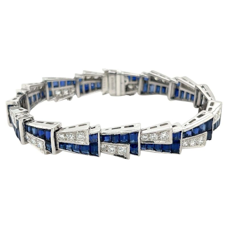 Art Deco Round & Emerald Cut Blue Sapphire Bracelet For Women Belovegrace