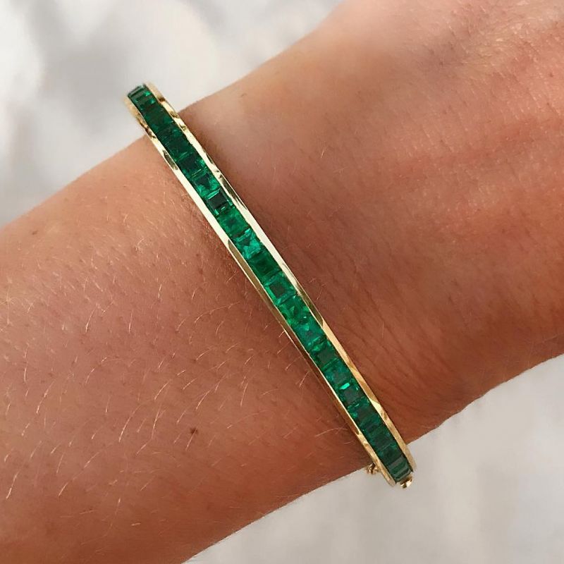 Golden Channel Setting Asscher Cut Emerald Sapphire Bangle Bracelet For Women Belovegrace
