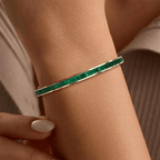 Art Deco Yellow Gold Baguette Cut Green Emerald Bangle Bracelet For Women