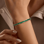 Art Deco Yellow Gold Baguette Cut Green Emerald Bangle Bracelet For Women