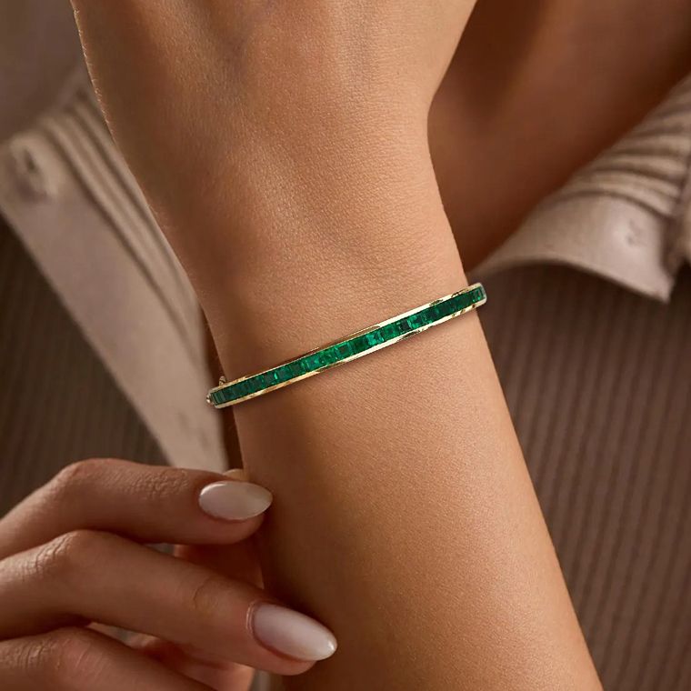 Golden Channel Setting Asscher Cut Emerald Sapphire Bangle Bracelet For Women Belovegrace