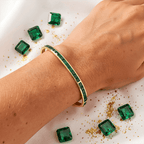 Art Deco Yellow Gold Baguette Cut Green Emerald Bangle Bracelet For Women