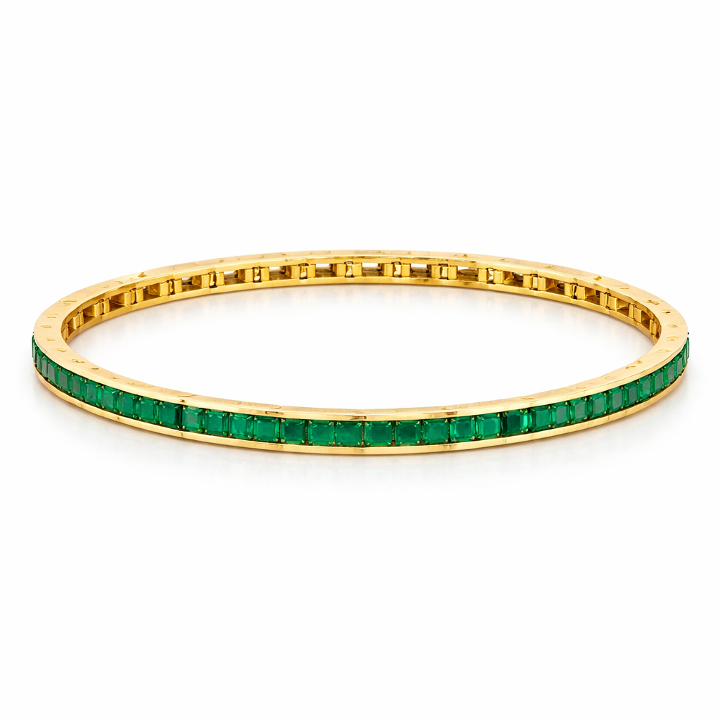 Art Deco Yellow Gold Baguette Cut Green Emerald Bangle Bracelet For Women
