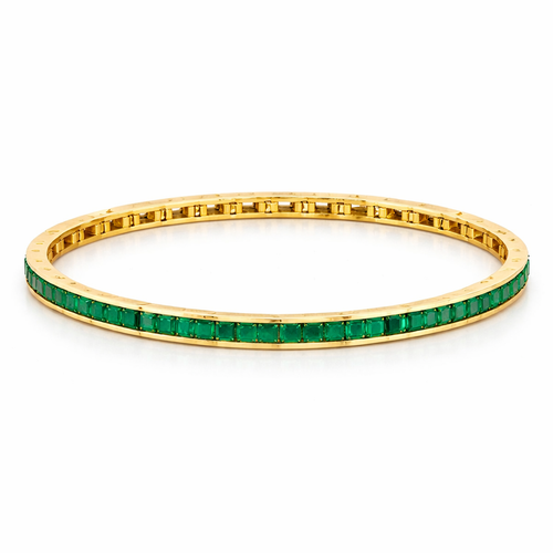Art Deco Yellow Gold Baguette Cut Green Emerald Bangle Bracelet For Women