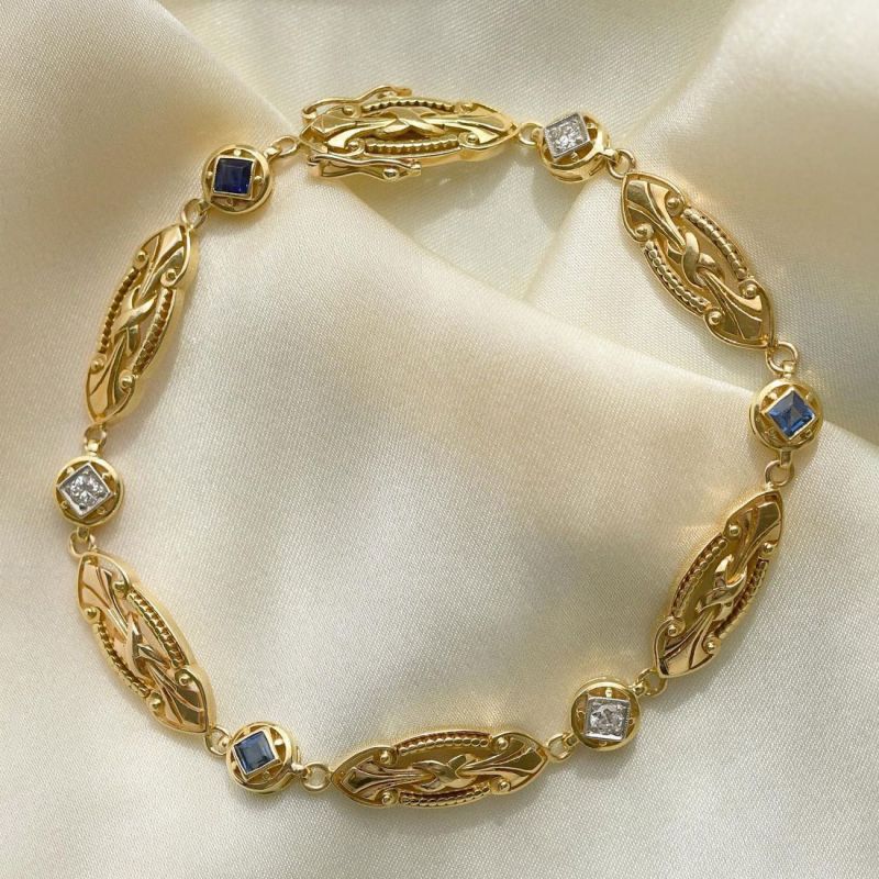 Golden Vintage Round & Asscher Cut White & Blue Sapphire Bracelet For Women Belovegrace