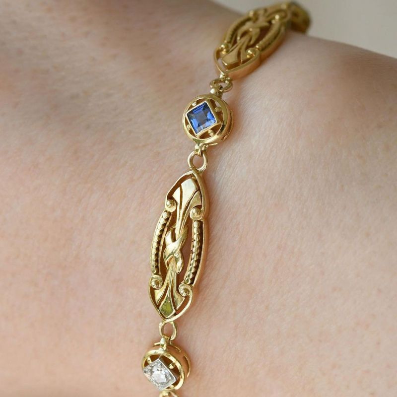 Golden Vintage Round & Asscher Cut White & Blue Sapphire Bracelet For Women Belovegrace