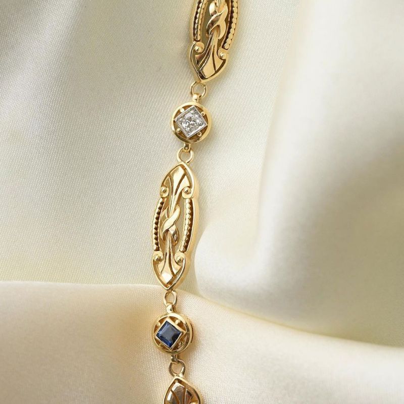 Golden Vintage Round & Asscher Cut White & Blue Sapphire Bracelet For Women Belovegrace