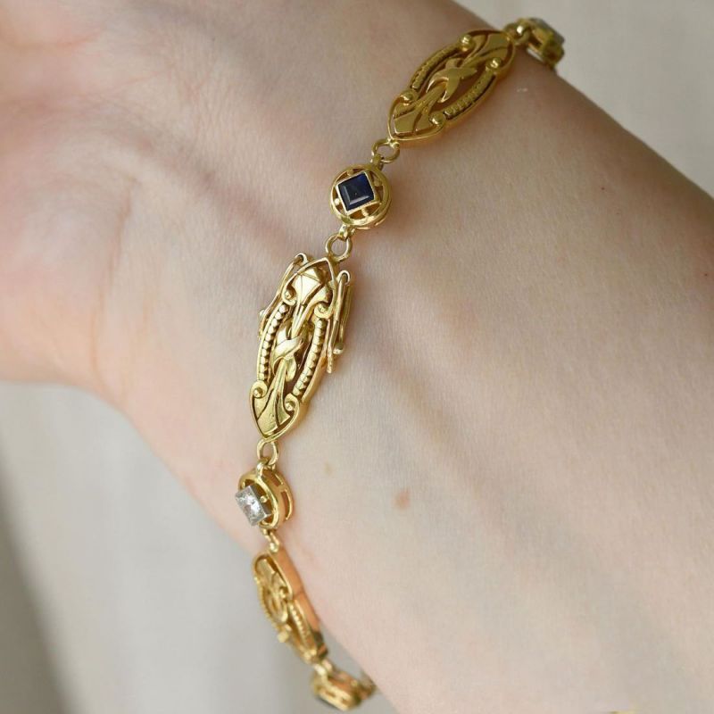 Golden Vintage Round & Asscher Cut White & Blue Sapphire Bracelet For Women Belovegrace