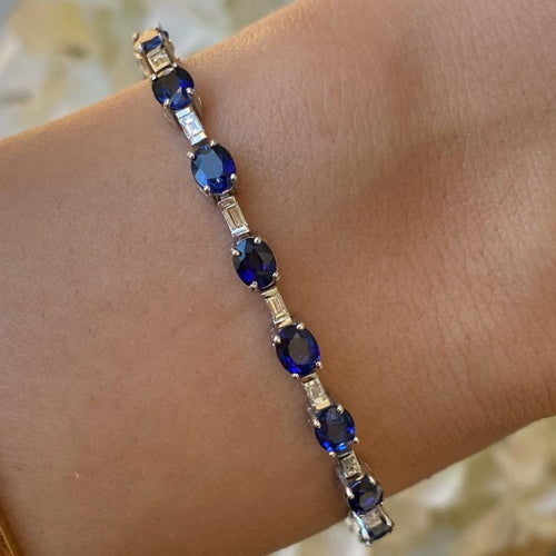 Vintage Oval & Baguette Cut Created Blue Sapphire Tennis Bracelet For Women Belovegrace